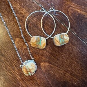 Genuine Turqouise pendant necklace and hoop earring set